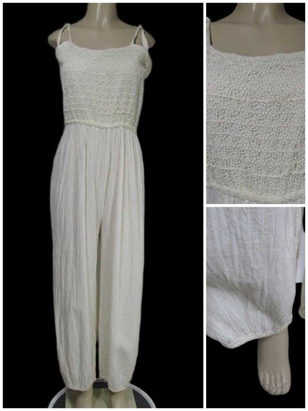 VTG Crinkle Gauze M L Crochet JUMPSUIT Boho Retro Hippie Festival Ivory Relaxed